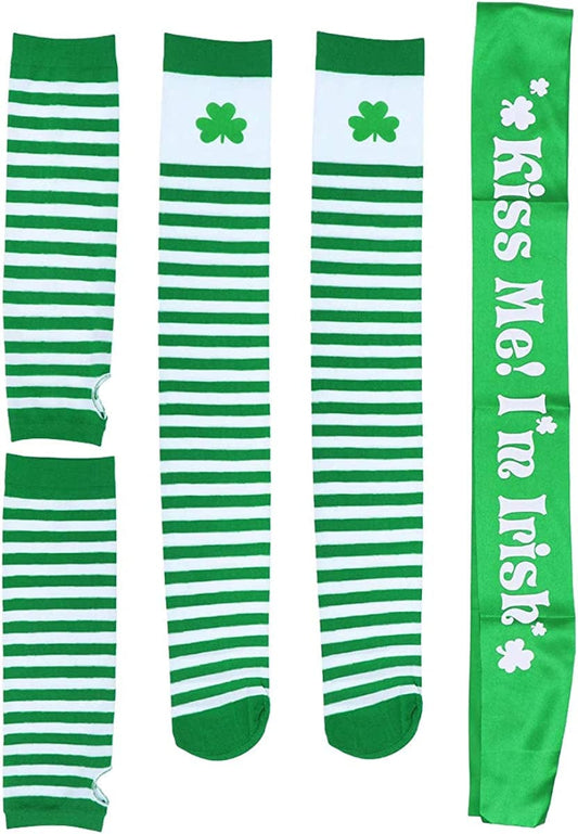 Amosfun St. Patrick'S Day Costume Accessories Arm Warmers Fingerless Gloves Gloves Shamrock Stocking Kiss Me I'M Irish Sash Irish Day Party Favor, Green, 3Pcs Apparel & Accessories > Clothing Accessories > Sashes Amosfun   
