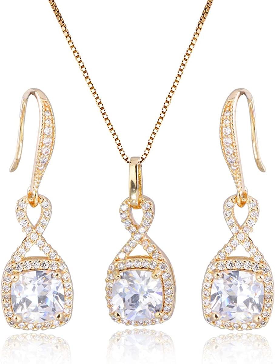 AMYJANE Crystal Jewelry Set for Women - Sterling Silver Square Cubic Zirconia CZ Bridal Pendant Necklace Earrings Set for Wedding Bride Bridesmaids Birthstone Fashion Jewelry Set Gold-tone