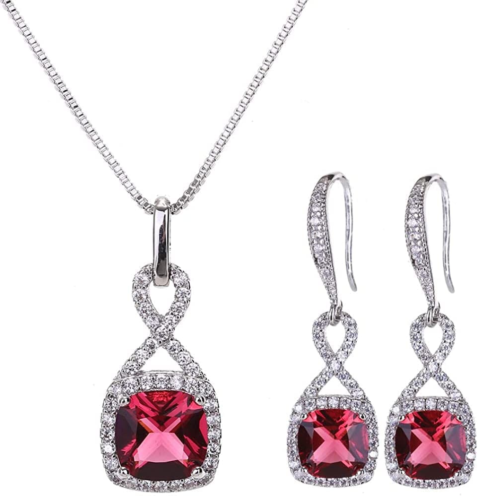 AMYJANE Crystal Jewelry Set for Women - Sterling Silver Square Cubic Zirconia CZ Bridal Pendant Necklace Earrings Set for Wedding Bride Bridesmaids Birthstone Fashion Jewelry Set Ruby