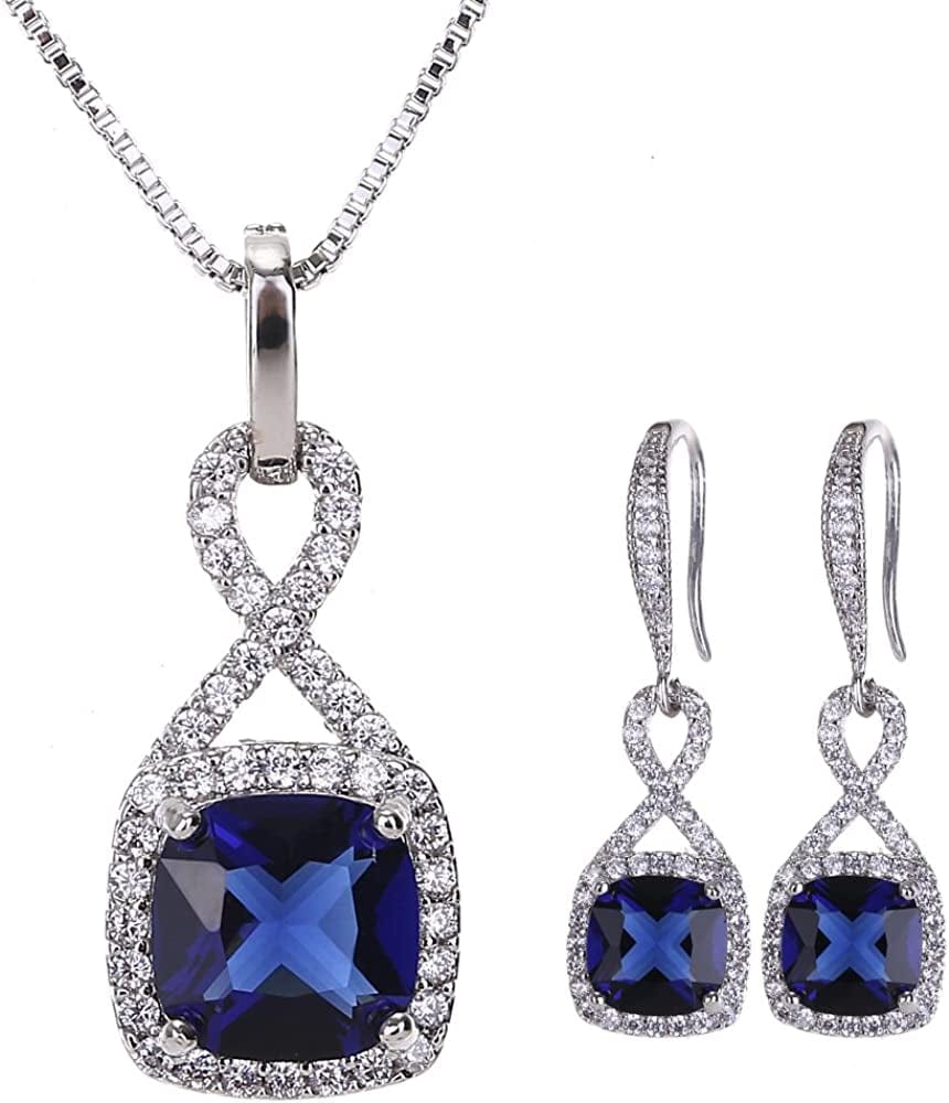 AMYJANE Crystal Jewelry Set for Women - Sterling Silver Square Cubic Zirconia CZ Bridal Pendant Necklace Earrings Set for Wedding Bride Bridesmaids Birthstone Fashion Jewelry Set Sapphire