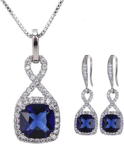 AMYJANE Crystal Jewelry Set for Women - Sterling Silver Square Cubic Zirconia CZ Bridal Pendant Necklace Earrings Set for Wedding Bride Bridesmaids Birthstone Fashion Jewelry Set Sapphire