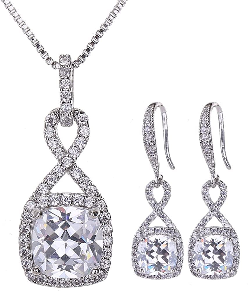 AMYJANE Crystal Jewelry Set for Women - Sterling Silver Square Cubic Zirconia CZ Bridal Pendant Necklace Earrings Set for Wedding Bride Bridesmaids Birthstone Fashion Jewelry Set Clear