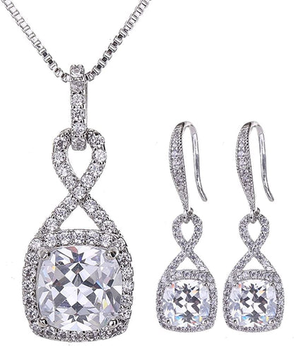 AMYJANE Crystal Jewelry Set for Women - Sterling Silver Square Cubic Zirconia CZ Bridal Pendant Necklace Earrings Set for Wedding Bride Bridesmaids Birthstone Fashion Jewelry Set Clear