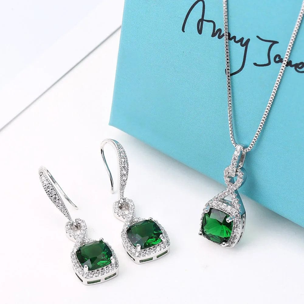AMYJANE Crystal Jewelry Set for Women - Sterling Silver Square Cubic Zirconia CZ Bridal Pendant Necklace Earrings Set for Wedding Bride Bridesmaids Birthstone Fashion Jewelry Set