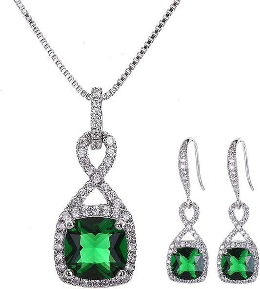 AMYJANE Crystal Jewelry Set for Women - Sterling Silver Square Cubic Zirconia CZ Bridal Pendant Necklace Earrings Set for Wedding Bride Bridesmaids Birthstone Fashion Jewelry Set Emerald