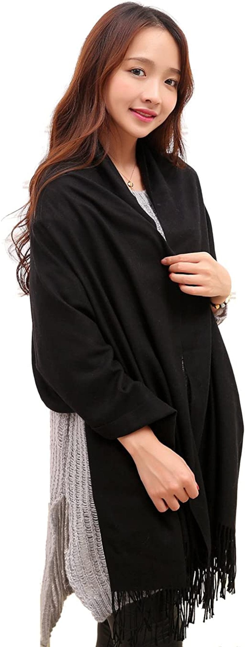Anboor Cashmere Feel Blanket Scarf Super Soft with Tassel Solid Color Warm Shawl for Women Apparel & Accessories > Clothing Accessories > Scarves & Shawls Anboor Black  