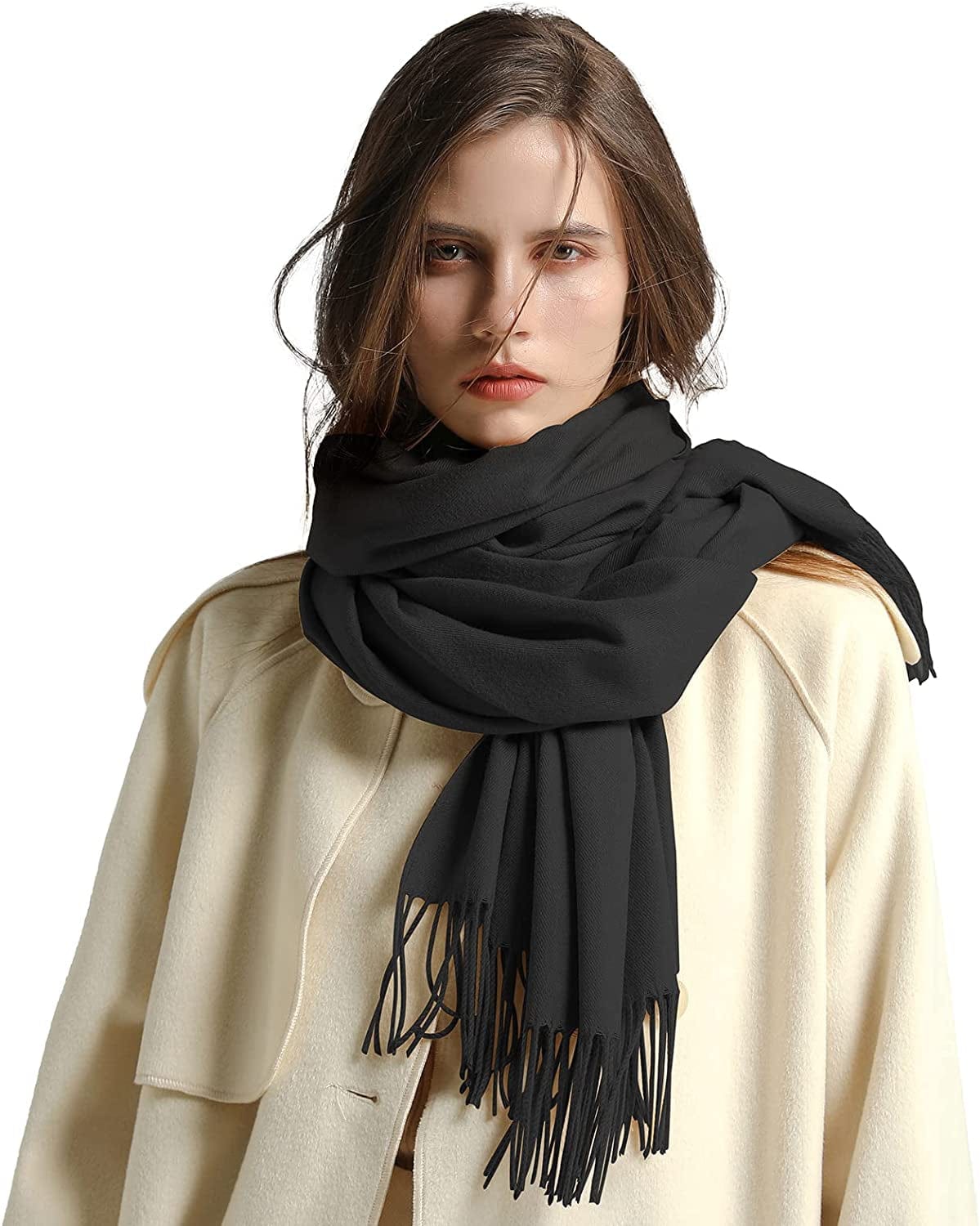 Anboor Cashmere Feel Blanket Scarf Super Soft with Tassel Solid Color Warm Shawl for Women Apparel & Accessories > Clothing Accessories > Scarves & Shawls Anboor   