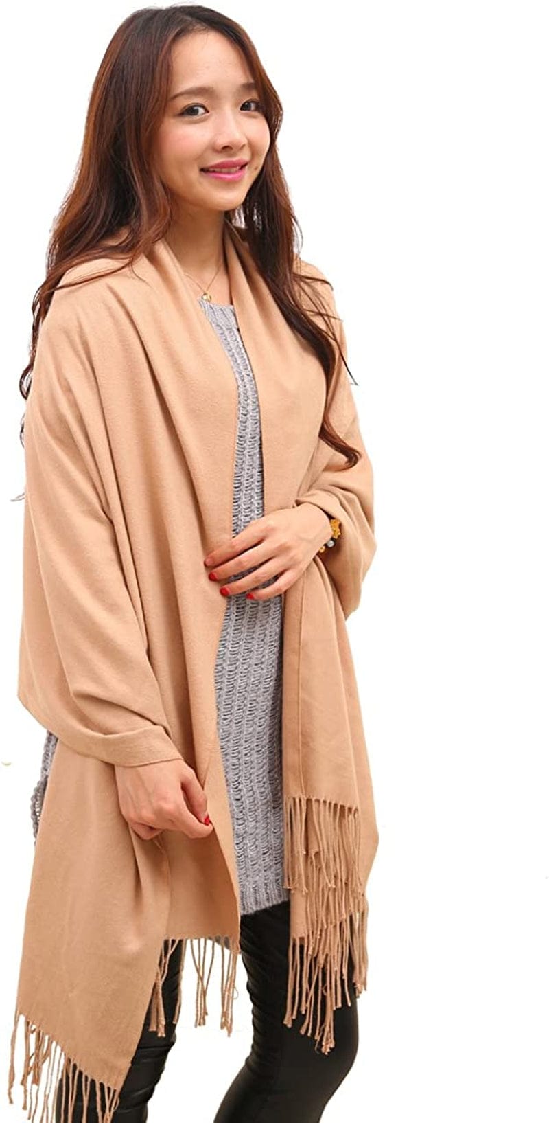 Anboor Cashmere Feel Blanket Scarf Super Soft with Tassel Solid Color Warm Shawl for Women Apparel & Accessories > Clothing Accessories > Scarves & Shawls Anboor Khaki  