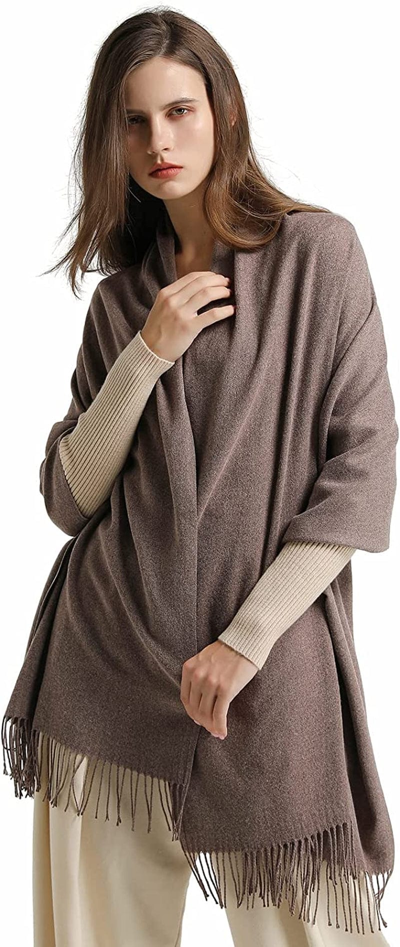 Anboor Cashmere Feel Blanket Scarf Super Soft with Tassel Solid Color Warm Shawl for Women Apparel & Accessories > Clothing Accessories > Scarves & Shawls Anboor Red brown  