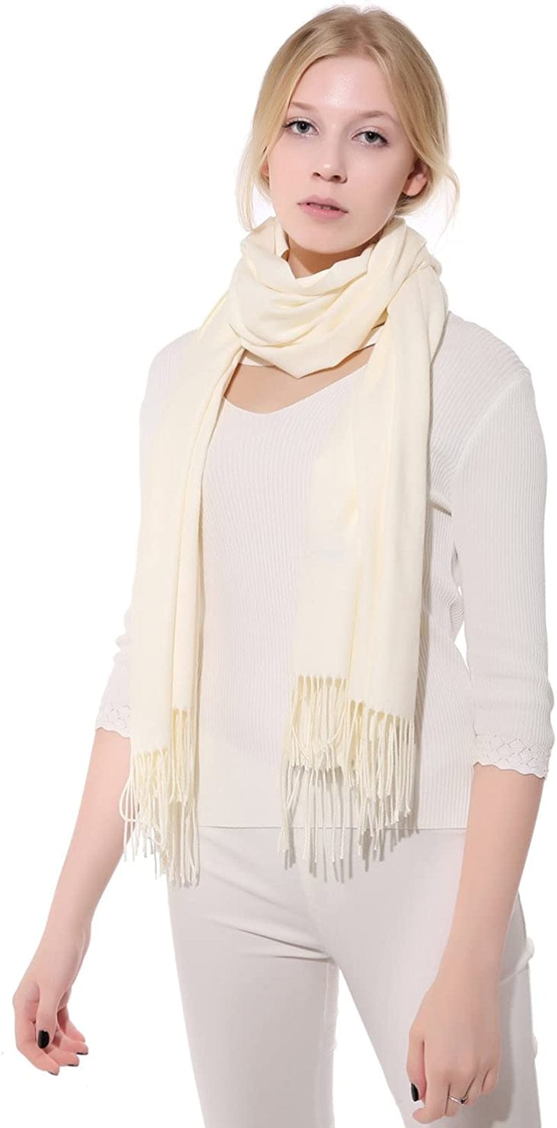 Anboor Cashmere Feel Blanket Scarf Super Soft with Tassel Solid Color Warm Shawl for Women Apparel & Accessories > Clothing Accessories > Scarves & Shawls Anboor White  