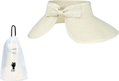 Andiker Women Roll up Sun Visors Hat, Fordable Wide Brim Ponytail Beach Hat with a Storage Bag Apparel & Accessories > Clothing Accessories > Hats Andiker Beige  