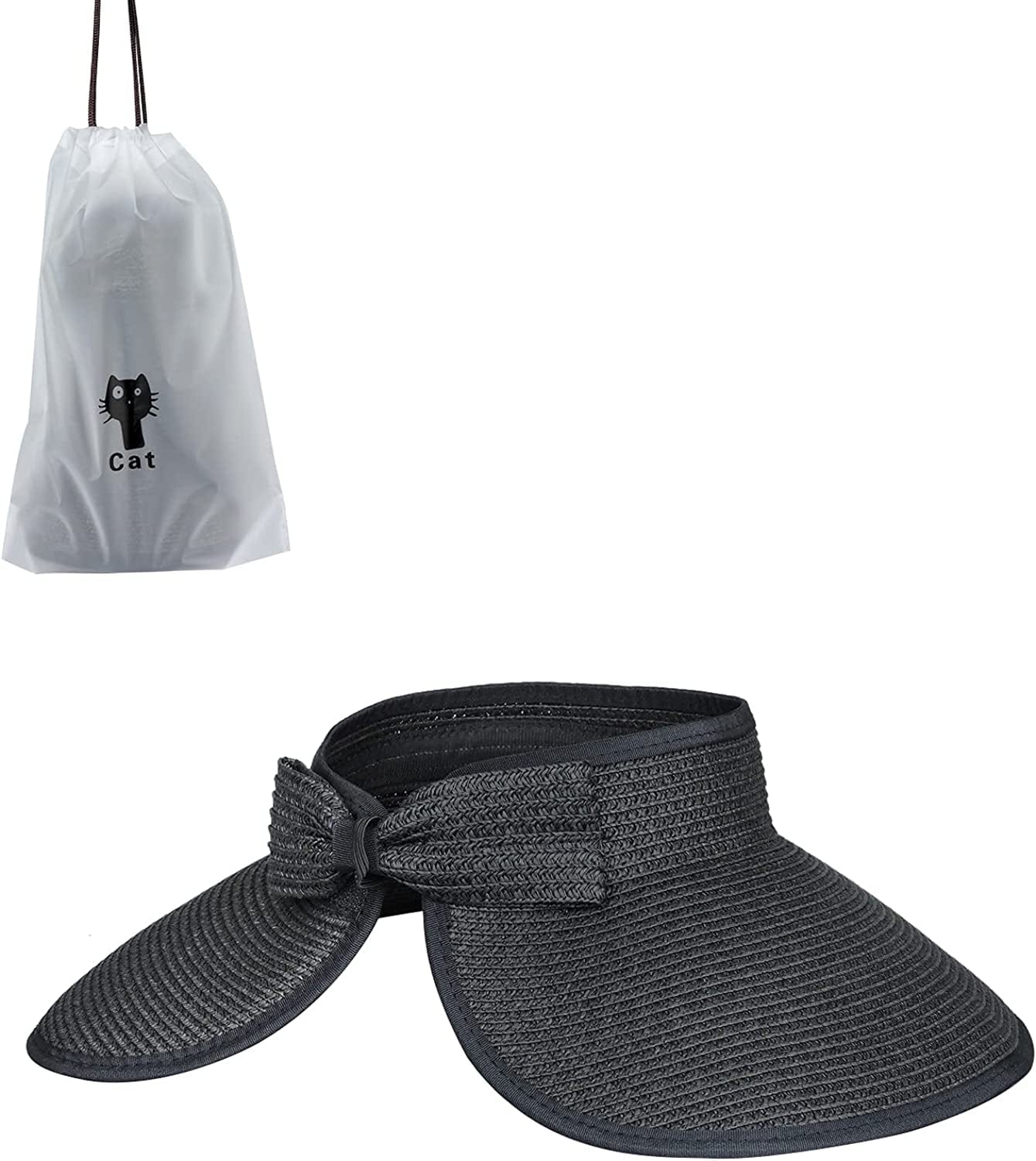 Andiker Women Roll up Sun Visors Hat, Fordable Wide Brim Ponytail Beach Hat with a Storage Bag Apparel & Accessories > Clothing Accessories > Hats Andiker Black  