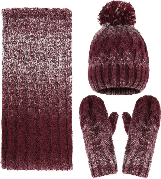 ANDORRA 3 in 1 Women Soft Warm Thick Cable Knitted Hat Scarf & Gloves Winter Set Apparel & Accessories > Clothing Accessories > Gloves & Mittens ANDORRA Bur/Beige Gradient  