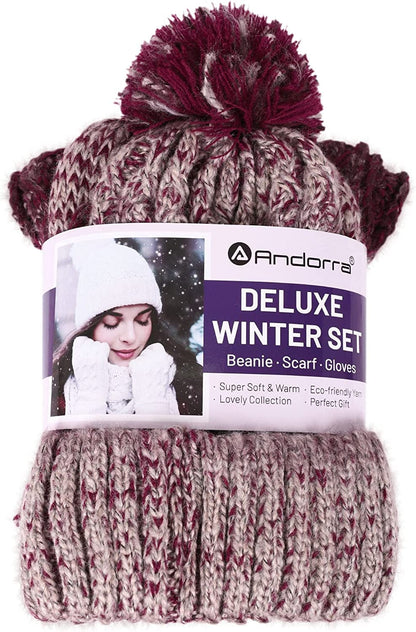 ANDORRA 3 in 1 Women Soft Warm Thick Cable Knitted Hat Scarf & Gloves Winter Set Apparel & Accessories > Clothing Accessories > Gloves & Mittens ANDORRA   