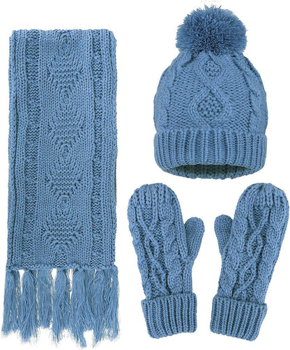 ANDORRA 3 in 1 Women Soft Warm Thick Cable Knitted Hat Scarf & Gloves Winter Set Apparel & Accessories > Clothing Accessories > Gloves & Mittens ANDORRA Cyan  