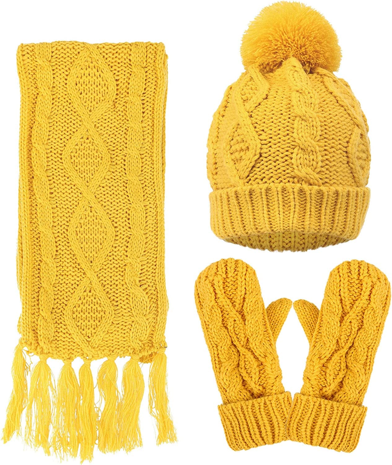 ANDORRA 3 in 1 Women Soft Warm Thick Cable Knitted Hat Scarf & Gloves Winter Set Apparel & Accessories > Clothing Accessories > Gloves & Mittens ANDORRA Yellow  
