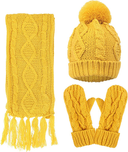 ANDORRA 3 in 1 Women Soft Warm Thick Cable Knitted Hat Scarf & Gloves Winter Set Apparel & Accessories > Clothing Accessories > Gloves & Mittens ANDORRA Yellow  
