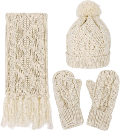 ANDORRA 3 in 1 Women Soft Warm Thick Cable Knitted Hat Scarf & Gloves Winter Set Apparel & Accessories > Clothing Accessories > Gloves & Mittens ANDORRA A-sand  