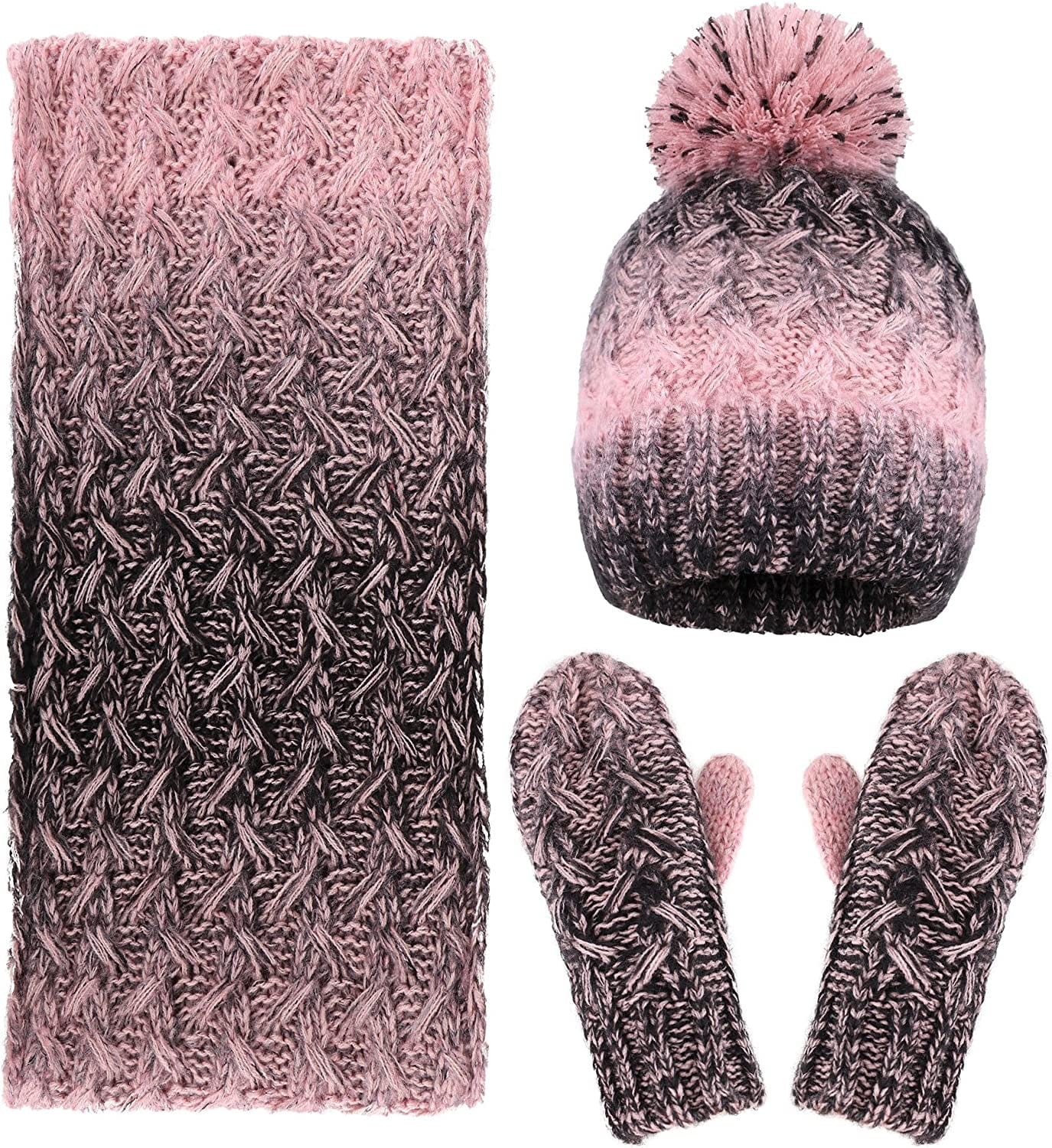ANDORRA 3 in 1 Women Soft Warm Thick Cable Knitted Hat Scarf & Gloves Winter Set Apparel & Accessories > Clothing Accessories > Gloves & Mittens ANDORRA Pink/Black Gradient  