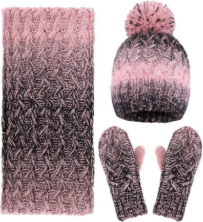 ANDORRA 3 in 1 Women Soft Warm Thick Cable Knitted Hat Scarf & Gloves Winter Set Apparel & Accessories > Clothing Accessories > Gloves & Mittens ANDORRA Pink/Black Gradient  