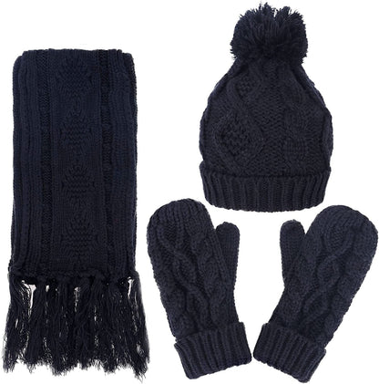 ANDORRA 3 in 1 Women Soft Warm Thick Cable Knitted Hat Scarf & Gloves Winter Set Apparel & Accessories > Clothing Accessories > Gloves & Mittens ANDORRA Black  