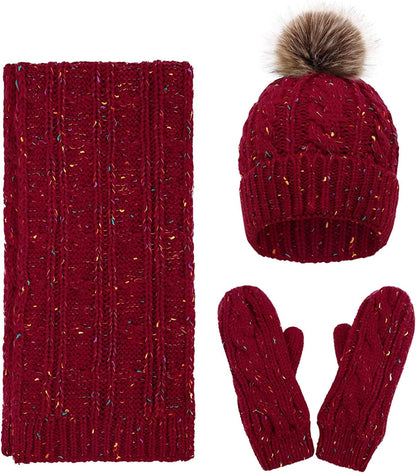 ANDORRA 3 in 1 Women Soft Warm Thick Cable Knitted Hat Scarf & Gloves Winter Set Apparel & Accessories > Clothing Accessories > Gloves & Mittens ANDORRA Mix Burgundy  