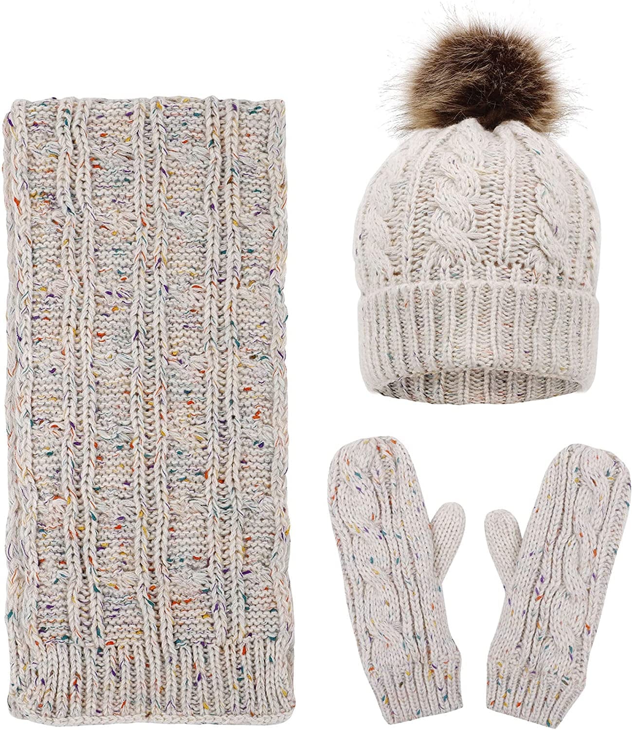 ANDORRA 3 in 1 Women Soft Warm Thick Cable Knitted Hat Scarf & Gloves Winter Set Apparel & Accessories > Clothing Accessories > Gloves & Mittens ANDORRA Mix Beige  
