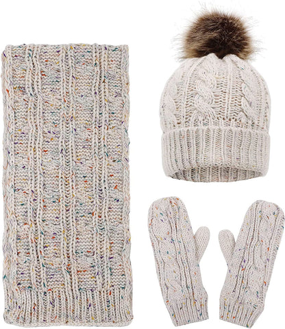 ANDORRA 3 in 1 Women Soft Warm Thick Cable Knitted Hat Scarf & Gloves Winter Set Apparel & Accessories > Clothing Accessories > Gloves & Mittens ANDORRA Mix Beige  