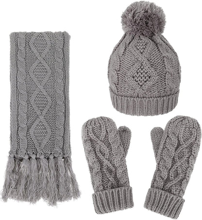 ANDORRA 3 in 1 Women Soft Warm Thick Cable Knitted Hat Scarf & Gloves Winter Set Apparel & Accessories > Clothing Accessories > Gloves & Mittens ANDORRA Grey  