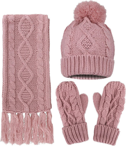 ANDORRA 3 in 1 Women Soft Warm Thick Cable Knitted Hat Scarf & Gloves Winter Set Apparel & Accessories > Clothing Accessories > Gloves & Mittens ANDORRA Pink  