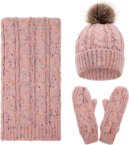 ANDORRA 3 in 1 Women Soft Warm Thick Cable Knitted Hat Scarf & Gloves Winter Set Apparel & Accessories > Clothing Accessories > Gloves & Mittens ANDORRA Mix Pink  