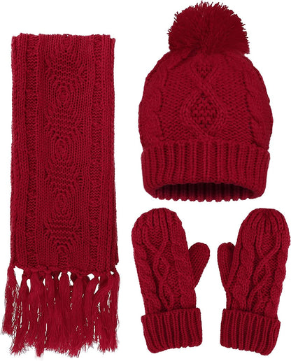ANDORRA 3 in 1 Women Soft Warm Thick Cable Knitted Hat Scarf & Gloves Winter Set Apparel & Accessories > Clothing Accessories > Gloves & Mittens ANDORRA Red  