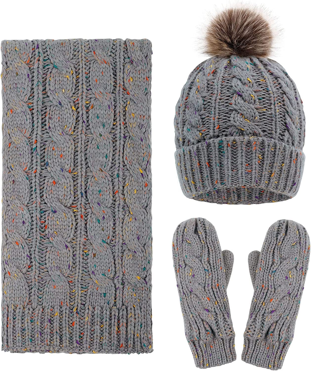 ANDORRA 3 in 1 Women Soft Warm Thick Cable Knitted Hat Scarf & Gloves Winter Set Apparel & Accessories > Clothing Accessories > Gloves & Mittens ANDORRA Mix Grey  