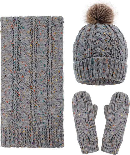 ANDORRA 3 in 1 Women Soft Warm Thick Cable Knitted Hat Scarf & Gloves Winter Set Apparel & Accessories > Clothing Accessories > Gloves & Mittens ANDORRA Mix Grey  