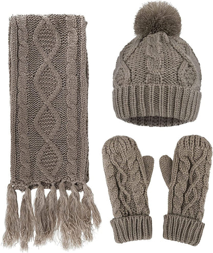 ANDORRA 3 in 1 Women Soft Warm Thick Cable Knitted Hat Scarf & Gloves Winter Set Apparel & Accessories > Clothing Accessories > Gloves & Mittens ANDORRA Khaki  