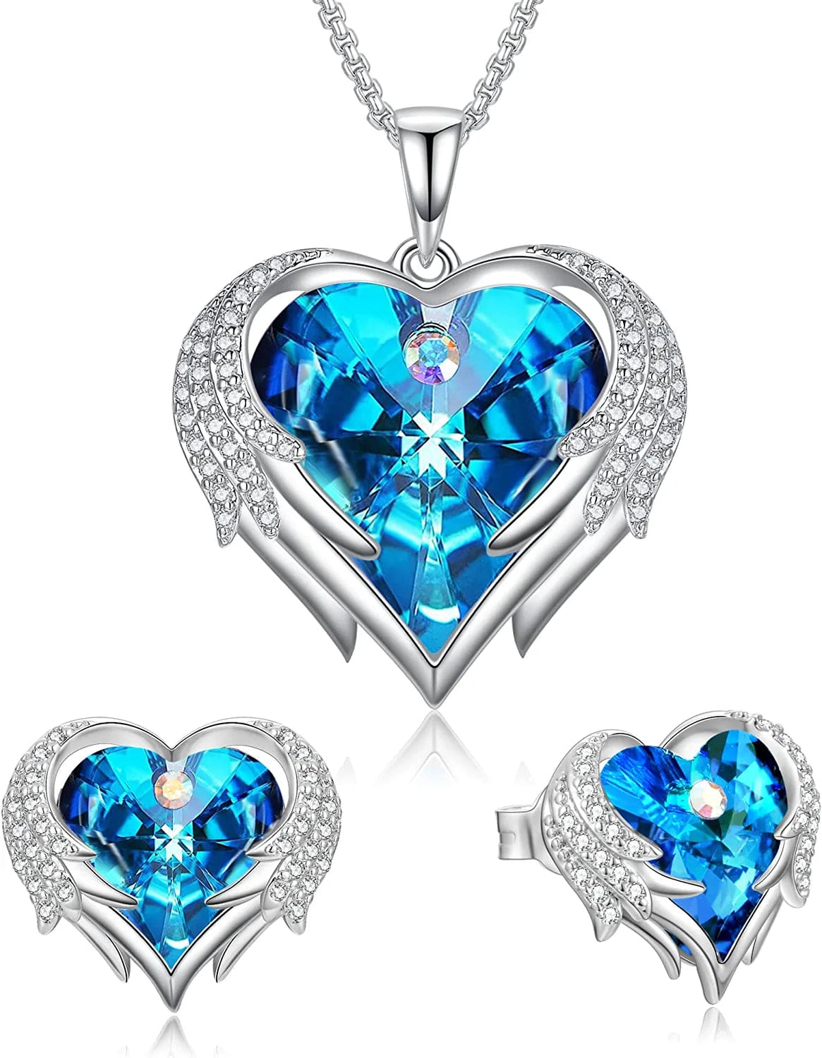 Angel Wing Heart Necklaces and Earrings for Women Austria Crystal White Gold Plated Silver Tone 5A Cubic Zirconia Jewelry Set Gifts for Mom Girlfriend Wife Girls Her B-White Gold Plated-Blue / Brass
