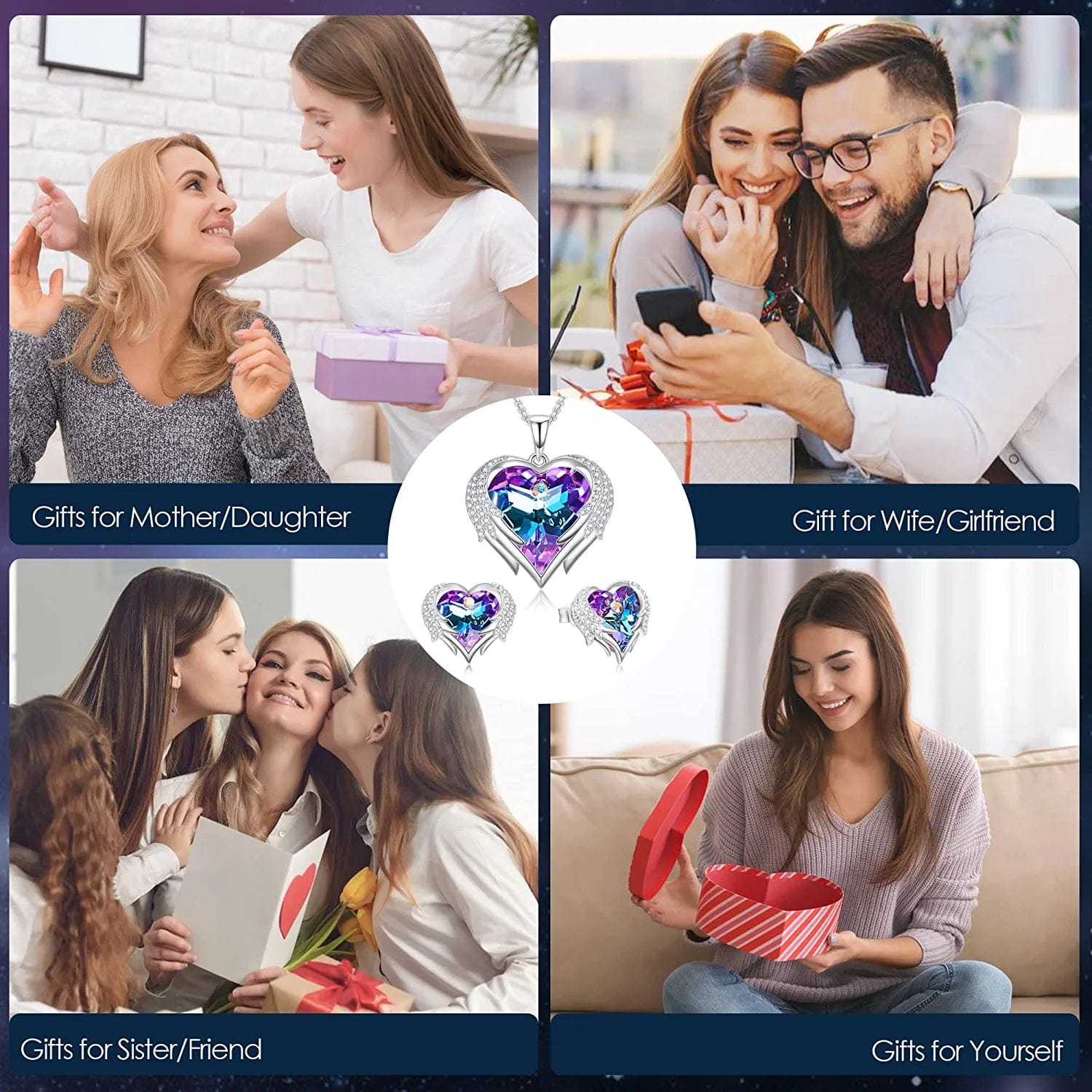 Angel Wing Heart Necklaces and Earrings for Women Austria Crystal White Gold Plated Silver Tone 5A Cubic Zirconia Jewelry Set Gifts for Mom Girlfriend Wife Girls Her
