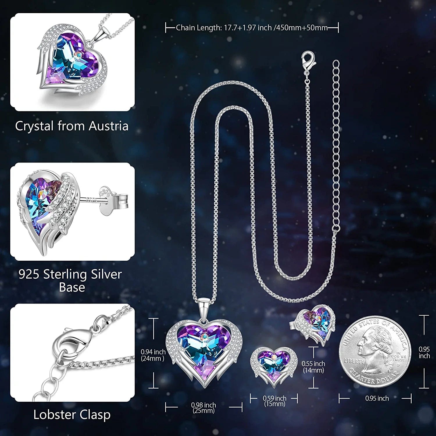 Angel Wing Heart Necklaces and Earrings for Women Austria Crystal White Gold Plated Silver Tone 5A Cubic Zirconia Jewelry Set Gifts for Mom Girlfriend Wife Girls Her