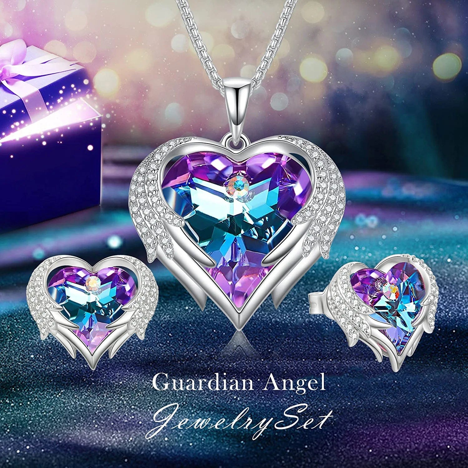 Angel Wing Heart Necklaces and Earrings for Women Austria Crystal White Gold Plated Silver Tone 5A Cubic Zirconia Jewelry Set Gifts for Mom Girlfriend Wife Girls Her
