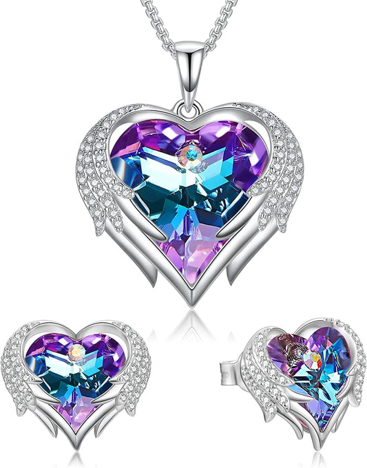 Angel Wing Heart Necklaces and Earrings for Women Austria Crystal White Gold Plated Silver Tone 5A Cubic Zirconia Jewelry Set Gifts for Mom Girlfriend Wife Girls Her A-White Gold Plated-Purple / Brass