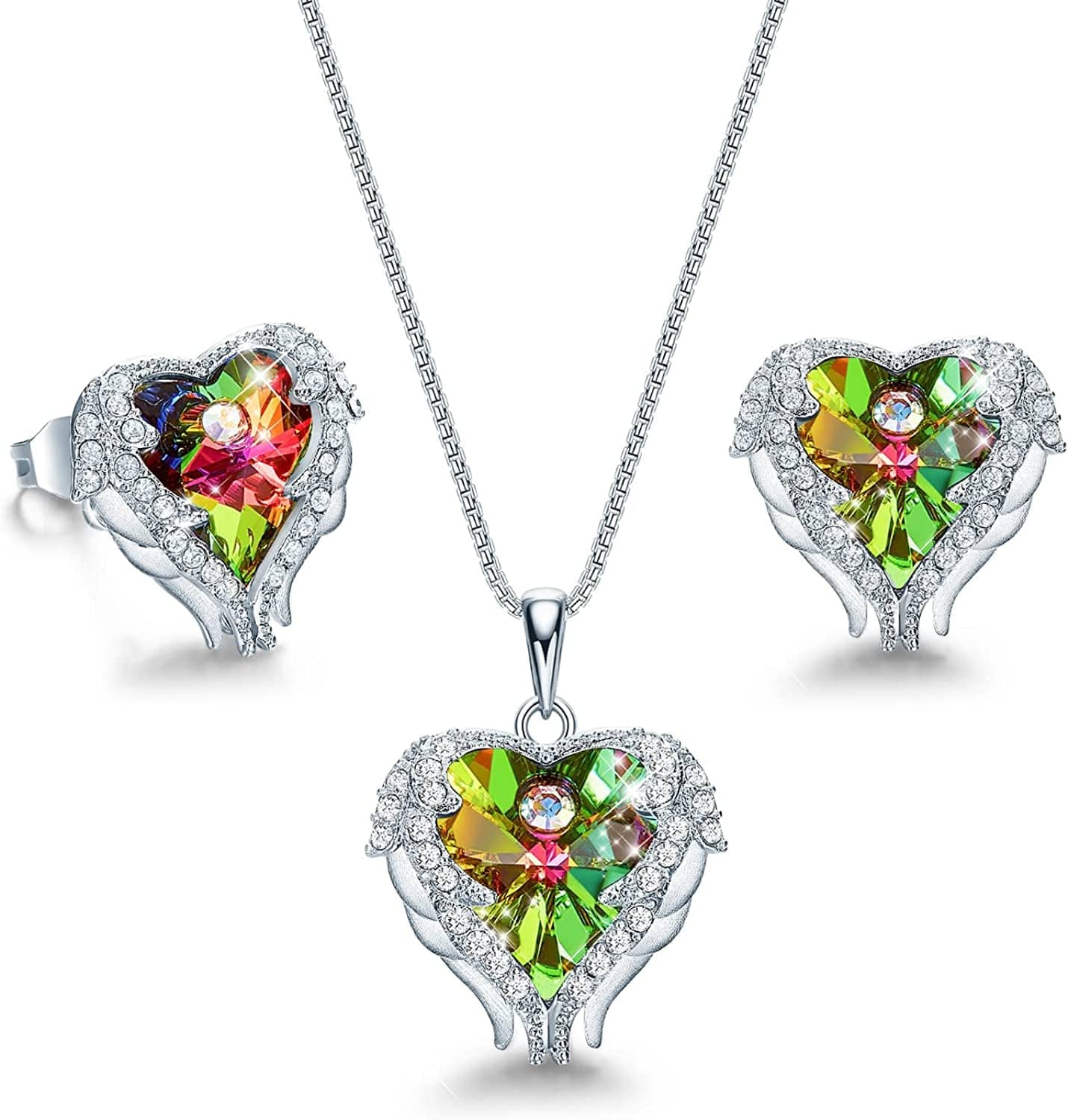 Angel Wing Love Heart Necklaces and Earrings Silver Tone/Gold Tone Jewelry Sets Birthday/Anniversary Christmas Jewelry Gifts for Women Mom/Wife/Sister/Best Friend M_Sterling Silver | Green