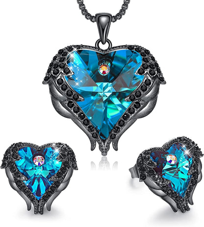 Angel Wing Love Heart Necklaces and Earrings Silver Tone/Gold Tone Jewelry Sets Birthday/Anniversary Christmas Jewelry Gifts for Women Mom/Wife/Sister/Best Friend E_Gun Black Plated | Blue