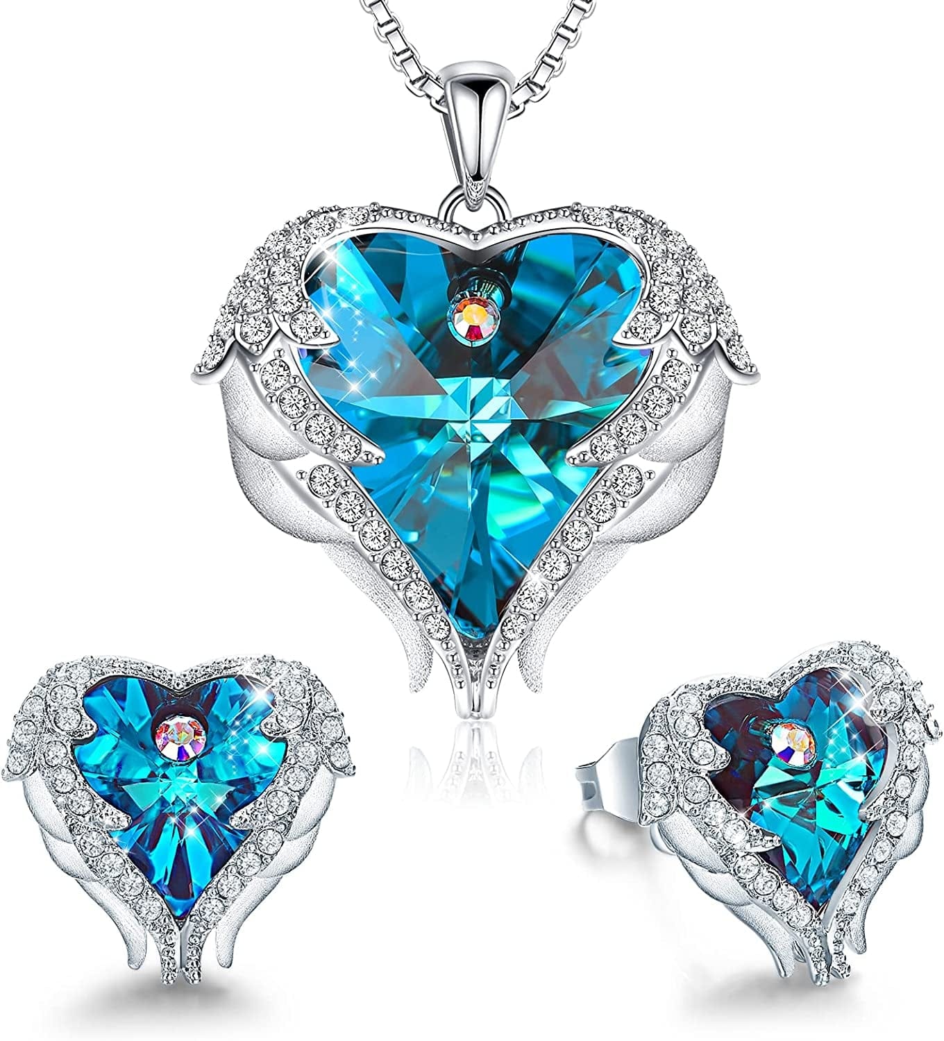Angel Wing Love Heart Necklaces and Earrings Silver Tone/Gold Tone Jewelry Sets Birthday/Anniversary Christmas Jewelry Gifts for Women Mom/Wife/Sister/Best Friend B_White Gold Plated | Blue