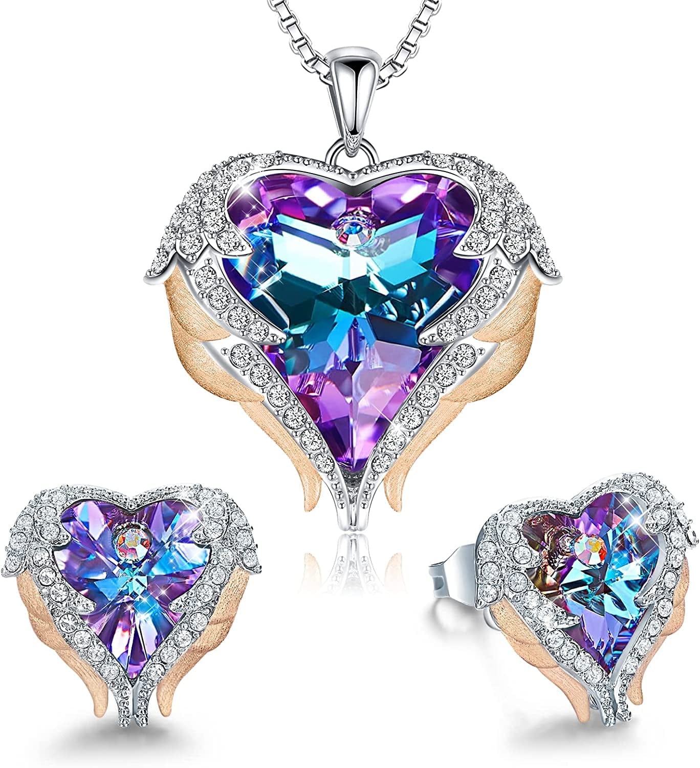 Angel Wing Love Heart Necklaces and Earrings Silver Tone/Gold Tone Jewelry Sets Birthday/Anniversary Christmas Jewelry Gifts for Women Mom/Wife/Sister/Best Friend F_Rose Gold Plated | Purple