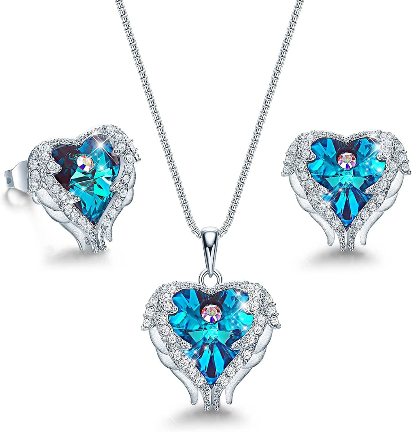 Angel Wing Love Heart Necklaces and Earrings Silver Tone/Gold Tone Jewelry Sets Birthday/Anniversary Christmas Jewelry Gifts for Women Mom/Wife/Sister/Best Friend J_Sterling Silver | Blue