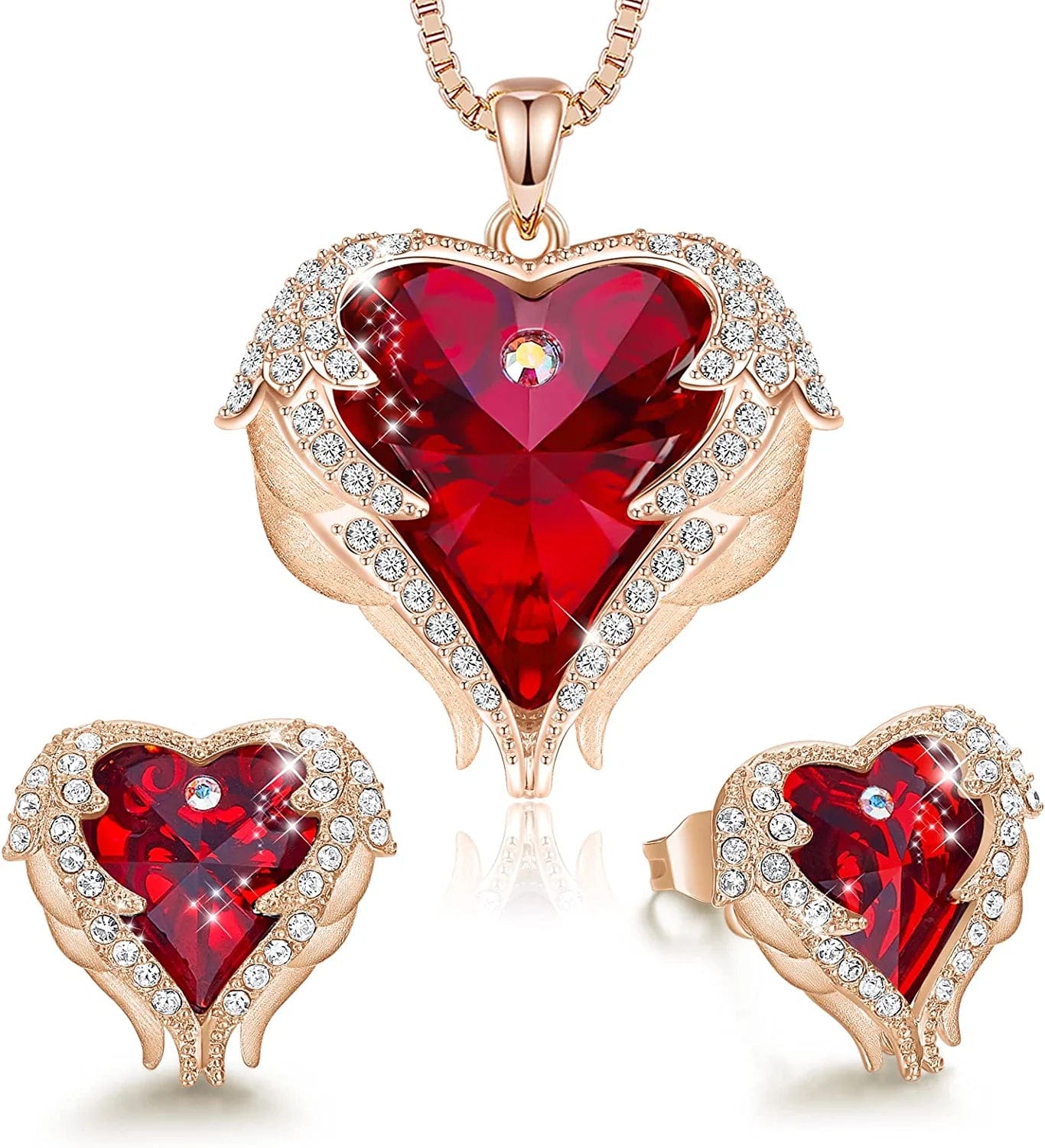Angel Wing Love Heart Necklaces and Earrings Silver Tone/Gold Tone Jewelry Sets Birthday/Anniversary Christmas Jewelry Gifts for Women Mom/Wife/Sister/Best Friend R_Rose Gold Plated | red