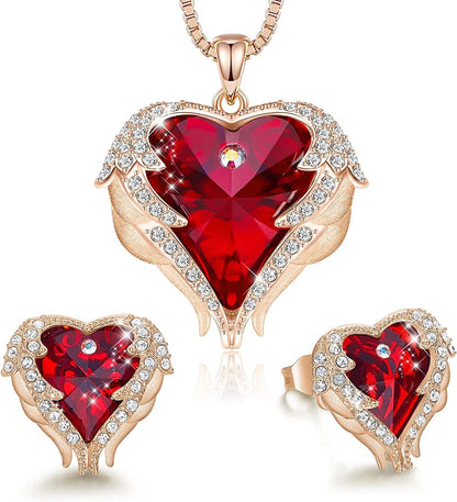 Angel Wing Love Heart Necklaces and Earrings Silver Tone/Gold Tone Jewelry Sets Birthday/Anniversary Christmas Jewelry Gifts for Women Mom/Wife/Sister/Best Friend R_Rose Gold Plated | red