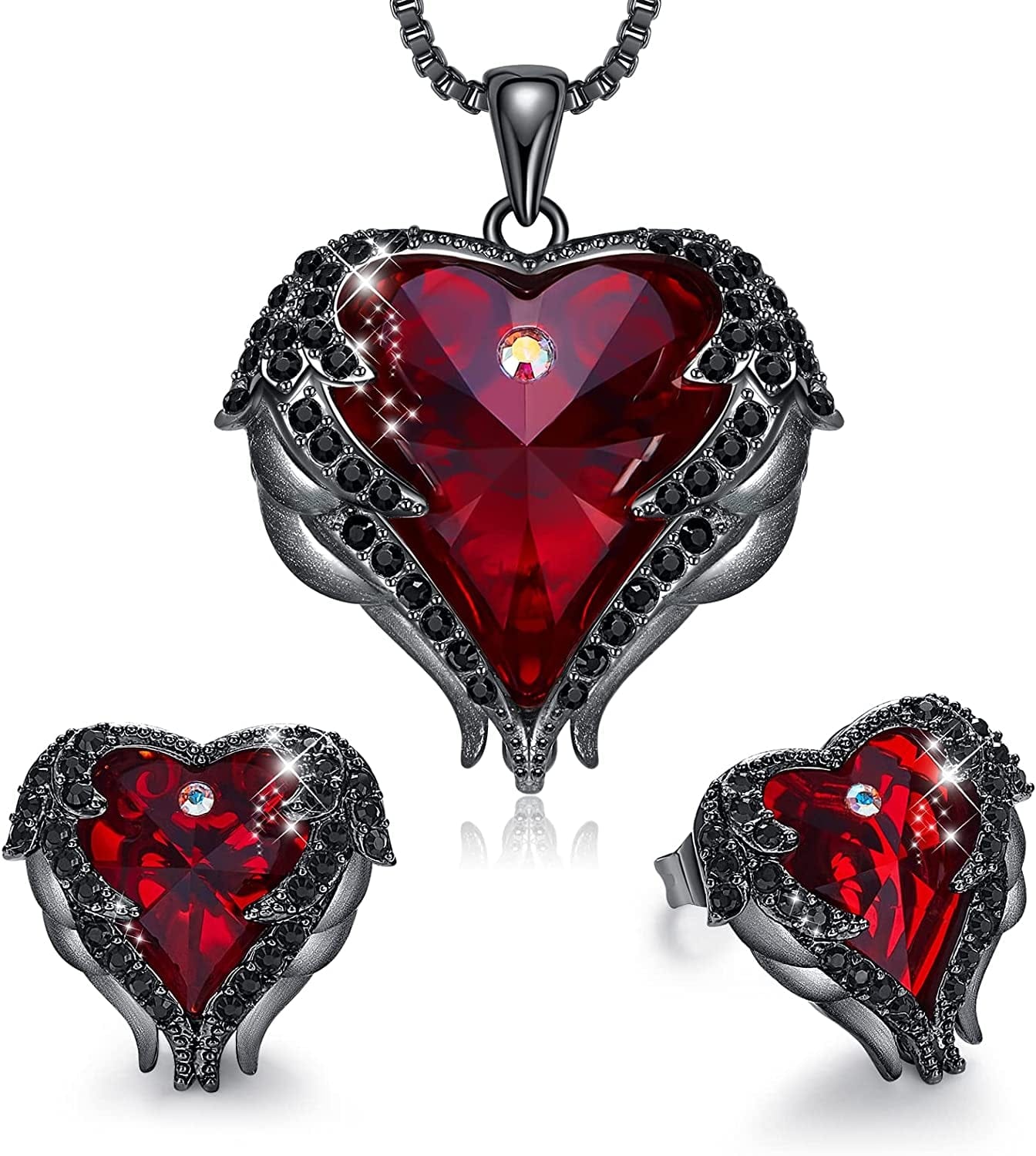 Angel Wing Love Heart Necklaces and Earrings Silver Tone/Gold Tone Jewelry Sets Birthday/Anniversary Christmas Jewelry Gifts for Women Mom/Wife/Sister/Best Friend D_Gun Black Plated | Red