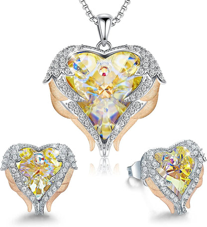Angel Wing Love Heart Necklaces and Earrings Silver Tone/Gold Tone Jewelry Sets Birthday/Anniversary Christmas Jewelry Gifts for Women Mom/Wife/Sister/Best Friend H_Rose Gold Plated | Yellow