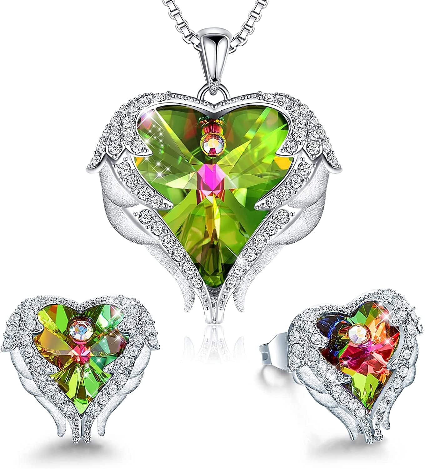 Angel Wing Love Heart Necklaces and Earrings Silver Tone/Gold Tone Jewelry Sets Birthday/Anniversary Christmas Jewelry Gifts for Women Mom/Wife/Sister/Best Friend White Gold Plated | Colorful